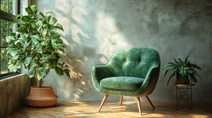 Sticker - Green chair, potted plants, light.