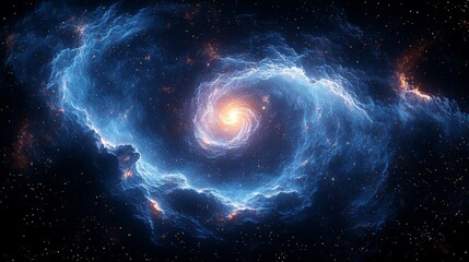 Canvas Print - a top view from above of a blue glowing galactic spiral full of stars and nebulae, plain black backg