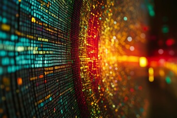 Colorful, glowing grid; abstract light tunnel.
