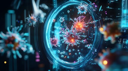 Poster - Abstract Visualization of Viruses in a Futuristic Digital Setting with Illuminated Particles and Data Elements Representing Microbial Activity
