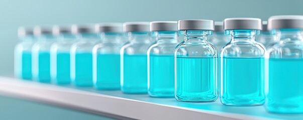 Wall Mural - A row of transparent glass vials filled with bright blue liquid, neatly arranged on a shelf in a well-lit setting.