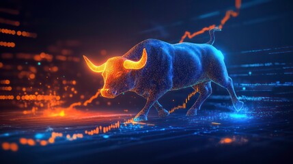 Poster - Fiery bull market charge, digital rendering.