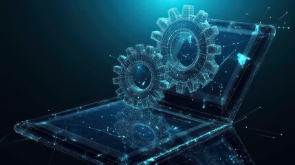 Aufkleber - Abstract digital gears meshing above a laptop, representing technology, mechanics, and innovation.