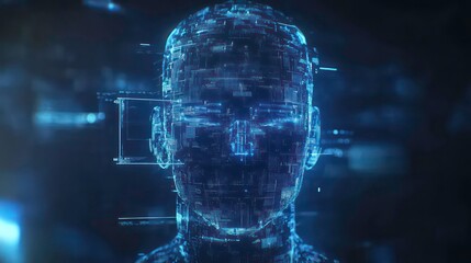 Poster - Digital human head with data overlay, futuristic technology concept.