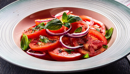 Wall Mural - wholesome tomato salad with onion basil olive oil and balsamic vinegar