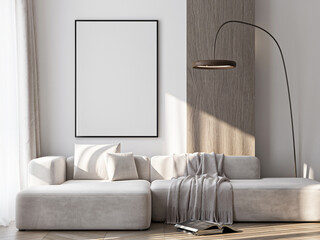 Frame mockup, ISO A paper size. Living room wall poster mockup. Interior mockup with house background. Modern interior design. 3D render
