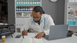 © Krakenimages.com - Man with beard writing in clinic office wearing lab coat surrounded by medical supplies and technology reflecting a professional healthcare environment indoors