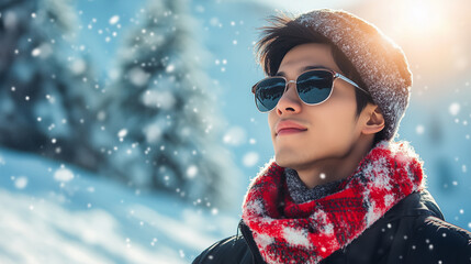 copy space, portrait of ayoung attractive Asian man wear sunglasses spending weekend at ski resort winter holiday concept. Outdoor adventure, activity during winter time, winter sports poster, adverti