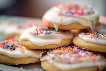 Wall Mural - Soft and Chewy Sugar Cookies with Whipped White Frosting and Colorful Sprinkle Topping