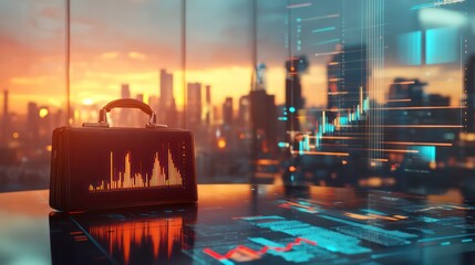 Poster - A briefcase displaying financial charts sits on a desk overlooking a city skyline at sunset.