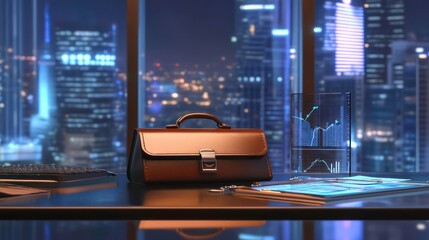 Aufkleber - Night cityscape view from modern office desk with briefcase, documents, and financial graph.
