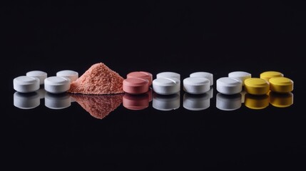 Colorful Pills and Powder on a Dark Background. Healthcare and Medicine