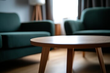 Poster - Living room features a lush green sofa and armchair, a sleek coffee table, and contemporary decor, illuminated by soft light for a relaxed ambiance
