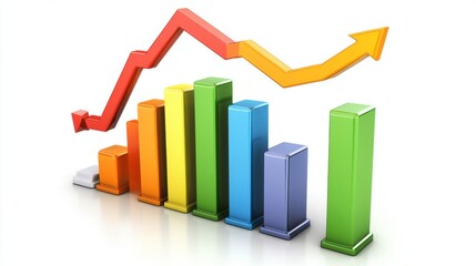 Leinwandbilder - A D-rendered bar graph representing financial growth, with vibrant colors and arrows pointing upwards on a white background, symbolizing economic progress.