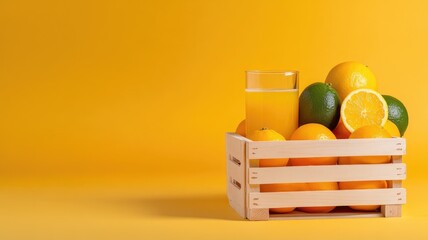 Wall Mural - Fresh citrus fruits and juice in wooden crate against yellow background