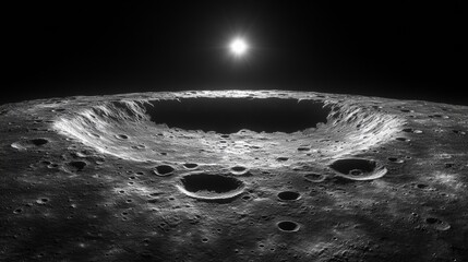 Wall Mural - sun rising over a large crater on the moon surface, creating a dramatic contrast between light and s