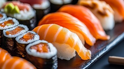 Wall Mural - A beautifully plated sushi dish featuring nigiri with slices of fresh tuna and salmon, alongside neatly rolled maki sushi.