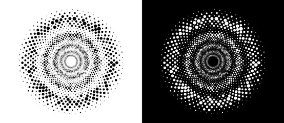 Modern abstract background. Halftone dots in circle form. Round logo. Vector dotted frame. Design element or icon. Black shape on a white background and the same white shape on the black side.