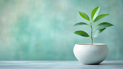 A single plant in a minimalist pot representing growth and peaceful living with blurred empty space on the side for a calming and tranquil atmosphere

