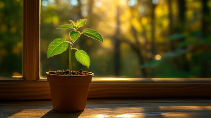 Wall Mural - A single plant in a minimalist pot representing growth and peaceful living with blurred empty space on the side for a calming and tranquil atmosphere

