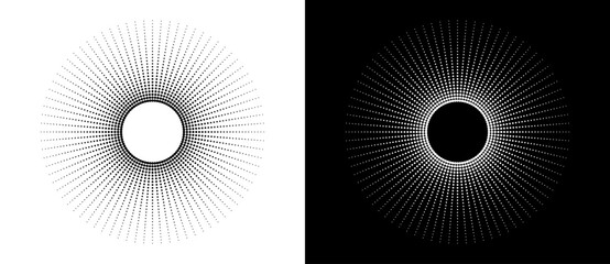 Canvas Print - Modern abstract background. Halftone dots in circle form. Sun concept. Vector dotted frame. Design element or icon. Black shape on a white background and the same white shape on the black side.