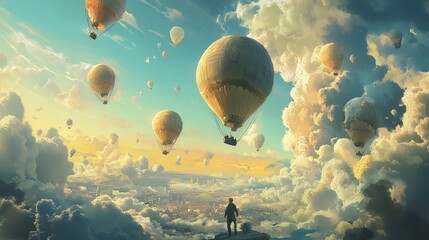 Poster - Person watches hot air balloons over city, clouds.