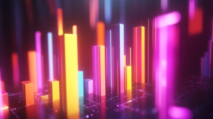 Leinwandbilder - A close-up of a futuristic D bar graph with glowing neon bars, rising upward in a dynamic digital environment, symbolizing financial success and innovation.
