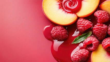 Wall Mural - Fresh raspberries and juicy peach slices on red background