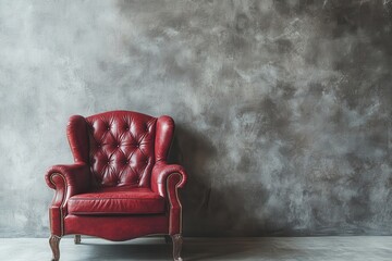 Wall Mural - Modern crimson leather chair collection showcased in minimalist studio setting with soft gray background, highlighting rich contrasts and luxurious design appeal for interior decor enthusiasts