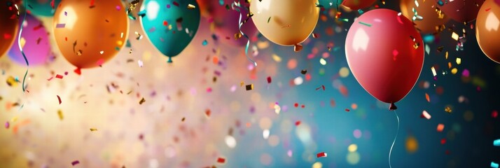 Poster - Colorful balloons and confetti create a vibrant and festive atmosphere for celebrations and joyous occasions. Generative AI
