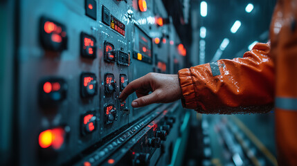 Close-up of a worker pressing buttons on a digital machine interface, minimalist backdrop, bright lighting, contrast