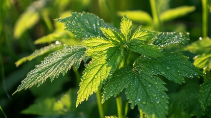 Poster - A close-up of vibrant green leaves with delicate dew drops clinging to their surface, glistening in the morning light against a blurred background.