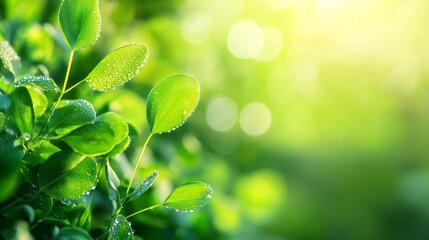 Poster - A close-up of vibrant green leaves with delicate dew drops clinging to their surface, glistening in the morning light against a blurred background.