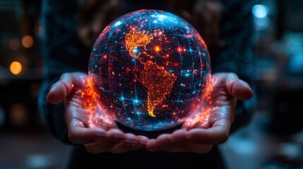 Wall Mural - Hands hold glowing world globe.