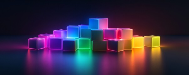 Wall Mural - Glowing neon cubes forming a colorful pyramid in dark room