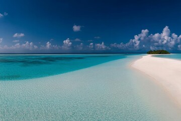 Aufkleber - A serene turquoise sea gently meets a sandy shore, stretching toward a horizon under a brilliant blue sky, adorned with soft white clouds and warm afternoon sunlight