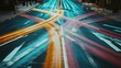 © Murda - Wet asphalt road, colorful lane markings, night scene.