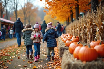 A delightful Thanksgiving festival with kids playing games and adults sipping hot cocoa. The area is decorated with fall colors, corn stalks, and a large pumpkin display