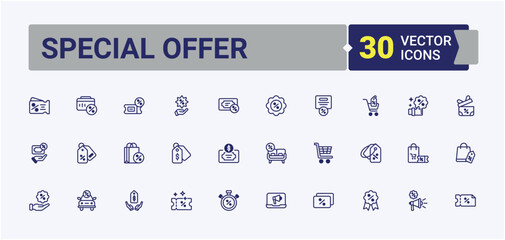 Special Offer icon pack. Includes icons for offer, discount, cart, shop, location, on, coupon and more. Web icons. Vector outline and solid icons collection.