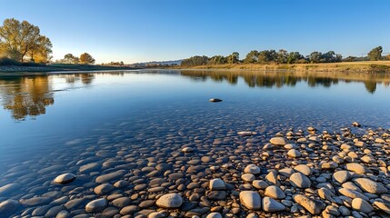 Wall Mural - calm riverside scene with smooth pebbles and soft ripples reflecting a clear blue sky