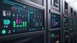 © Justlight - Server racks with glowing screens displaying processing and analyzing data in a data center, representing digital information, technology, and computing power