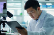 © Enigma - Asian medical research scientist utilizing a digital tablet and microscope in a modern laboratory, developing innovative drugs and vaccines to advance healthcare and improve patient outcomes