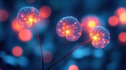 Canvas Print - Glowing bioluminescent flowers in dark forest.