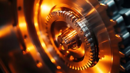 Poster - Close-up of intricate metallic gears, illuminated with warm light, showcasing precision engineering and complex mechanics.