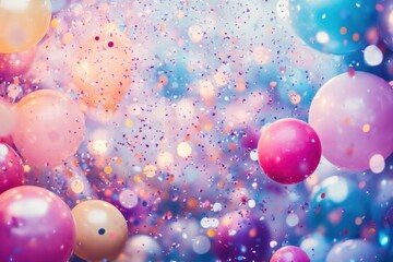 Poster - Colorful balloons and confetti create a vibrant background for celebrations and parties during festive gatherings. Generative AI
