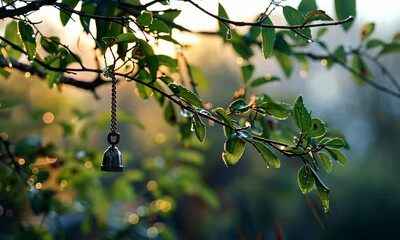 Wall Mural - small bell hangs on tree branch, illuminated by sunlight