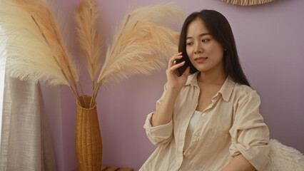 Wall Mural - Young woman talking on phone at home in stylish living room with decorative plants