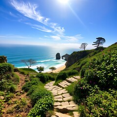 Wall Mural - Scenic coastal path leads to secluded beach.