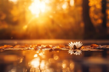 Aufkleber - A tranquil pond displays a single white water lily resting on golden water, surrounded by soft tree reflections, creating a peaceful sunset atmosphere