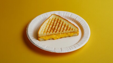 Wall Mural - A minimalist presentation of a grilled cheese sandwich, perfectly melted and golden, cut diagonally and served on a textured plate for an appetizing look.